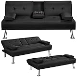Yaheetech Sofa Bed Fabric Click Clack Sofa Bed with 2 Cup Holders, Convertible Futon Settee, Futon Recliner Lounge for Living Room, Spare Room, Bedroom, Black