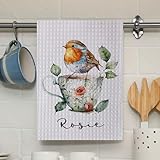 Personalised Bespoke Custom Name Kitchen Tea Towel Robin Bird Floral Rose Cup Themed Dish Cloth Drying Hand Waffle Baking Cooking Apron Unique Design Quality Pinafore Birthday Gift Set for Her