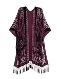 MJ SERECA Women's Burnout Velvet Kimono Long Cardigan Cover Up with Tassel (Burgundy)