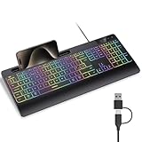 Seenda KOE200 Wired RGB Backlit Keyboard with Phone Holder and Palm Support for Windows and Mac OS Systems, 2-in-1 USB and Type C Connector for PC Laptop Computer MacBook iMac, Black