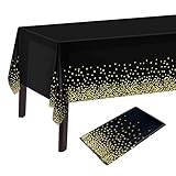 PLULON 2Pcs Black Gold Dot Tablecloth - 137 x 274cm Plastic Rectangle Table Cover for Black and Gold Party Birthday Table Decorations