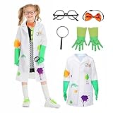 Wbesty Kids Mad Scientist Costume with Eyeglass Frames Bow Tie Gloves Magnifying Glasses 5Pc Kids Lab Coat Halloween Dress Up