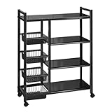 Kitchen Storage Trolley on Wheels, 4-Tier Kitchen Storage Shelf Unit Vegetable Rack Metal Shelving Unit with 3 Removable Baskets,Heavy-Duty Mobile Utility Serving Cart, 80x32x108cm, Black