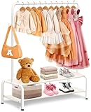 mirolam Kids Clothes Rail - Baby Clothes Rail - Kids Wardrobe - Mini Freestanding Clothe Rail with 2 Fabric Shelves - Kid Clothes Storage - White Hanging Rails for Clothes