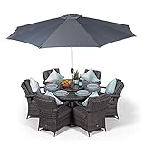 Arizona Luxury Rattan Dining Set | Round 6 Seater Wicker Garden Dining Furniture with Parasol & Cover (Grey)