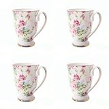 4 Piece Porcelain Mugs Set - 11 oz/312 ml New Bone China Floral Coffee Tea Water Cup - Tea Coffee Cappuccino Home Kitchen Office Gift Mug Set