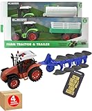 Electoys Toy Farm Tractor and Trailer Set with Plough Attachment Friction Powered Farm Vehicles Small Kids Toy Tractors Realistic Farm Machinery Playset Multi-Coloured