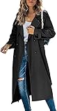 Women Casual Long Trench Windproof Coat with Belt Solid Colour Double-Breasted Lapel Collar Windbreaker Jacket Spring Autumn Coat S-2XL (Black, XL)