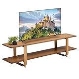HollyHOME Low TV Table TV Bench 140cm, Small TV Cabinet with Rattan 2-Tier Narrow TV Stand Cabinet Bamboo TV Unit for Living Room Bedroom, Dark, Dark