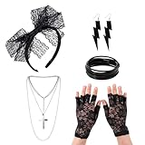 FUIPVGI 5 Pcs 80s Fancy Dress Costume Accessories, Vintage Accessories, 80s Retro Party Set, Lace Headband Earrings Fishnet Gloves Necklace Bracelet for Party Carnival Ladies (Black)