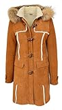 Womens Real Sheepskin Coat 3/4 Length Duffle Hooded Parka Beth (14, Tan)