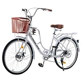 BSTSEL 24/26 Inch Wheels Vintage bike Fabric Bike City Classic Bicycle, Retro Bicycle With 7 Speed Gears, Dual Disc Brakes, Rack And Front Basket Formal Road Bike For Woman (26 inch White)