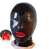 SecondSkin Latex Hood with Inner Red Mouth Teeth Gag and Nose Nasal Tubes Open Perforated Eyes Holes Back Zipper Club Party Wear (Customize Size)