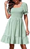 Actcat Women's Short Puff Sleeve Square Neck Mini Dress Summer Beach Holiday Sundress Light Green Gingham Dress Womens UK XL