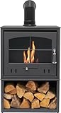 OKO S4 Bio Ethanol Stove with Log Storage in Charcoal Grey with Angled Stove Pipe
