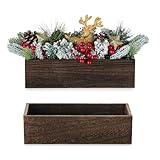 NUPTIO Christmas Wooden Brown Vase: 30cm Vintage Rectangular Flower Vases Centrepieces for Autumn Thanksgiving Table Decoration - Rustic Long Boxes for Wedding Party Set of 2