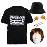 Adults Britpop Costume - Medium - Black T-Shirt with Supersonic Print, Brown Wig, Black Bucket Hat, Orange Round Sunglasses, 2 Fake Cigarettes - Mens Ladies 90s Rock Band Music Icons Fancy Dress
