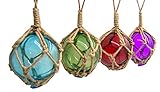 Wowser Multi Color Glass Fishing Floats with Buoy Netting Decor Indoor Outdoor, Set of Four