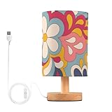 KLL Table Lamp for Reading, Retro Groovy 60s 70s Flower Bedside Nightstand Lamp with Fabric Linen Shade Cordless Desk Lamps for Home Office for Bedroom Study Room Dorm Office