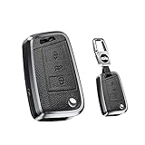 HIBEYO Smart Car Key Case Suitable for VW Skoda Karoq Superb Octavia Golf 7 MK7 MK4 Polo T-ROC Touran Seat Leon Ibiza Key Case Key Fob Leather (Black)