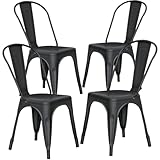 H JINHUI Set of 4 Stackable Dining Chairs, Industrial Vintage Metal Kitchen Chairs with Backrest, Dining Room Kitchen Chairs for Outdoor and Indoor Bistro Restaurant Wedding (Black, Iron Seat)
