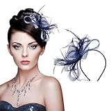 Navy Fascinators for Weddings, Navy Fascinator, Elegant Feather Fascinator & Flower Hair Clip, Navy Blue Fascinators, Mini Top Hat for Bridal Shower Prom Royal Ascot Cocktail Parties(Blue)