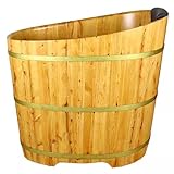 MegLob Wooden Bathtub Lit for Small Bathroom, Oval Shape Free Standing Solid Wood Bathtub, Japanese Style Compact Deep Soaking Tub with Stool, Tradtional Wooden Soaker Stand Alone Soaking Tub,Light