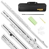 SONICAKE C Flutes Closed - Hole 16 Keys Flute for Beginner Flute Instrument with Cleaning Kit, Stand, Carrying Case, Gloves, Tuning Rod Silver