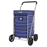 Hoppa Lightweight 4-Wheel Premium 2024 Model Folding Shopping Trolley Extra Large 75.6L Capacity Shopping Trolley Bag, 95cm, 4.8kg, Push/Pull (Blue Stripes)