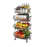 Fruit Vegetable Storage Basket for Kitchen - 4 tier Stackable Metal Wire Baskets Cart with Rolling Wheels Utility Fruits Rack Produce Snack Organizer Bins for Pantry Bathroom Laundry Bronze