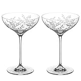 DIAMANTE Champagne Cocktail Saucers Coupes Pair - ‘Breeze’ - Intricately Etched Floral Leaves Pattern - Set of 2