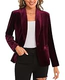 MINTLIMIT Ladies Long Sleeve Velvet Blazers One Button Pockets Outerwear Business Jackets for Womens UK Fully Lined V- Neck Shawl Collar Suits (Wine Red L)