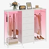 Trironsun 5 Drawer Dresser with Clothes Rack Chest of Drawers with Clothes Rail LED Lights Wardrobe Closet Drawers Charging Station Flexible Shelf Open Shelves for Bedroom Living Room
