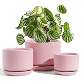 LE TAUCI Plant Pots, 11+13+17 cm Ceramic Planters, Set of 3 Flower Pots with Drainage Hole and Saucer, Indoor Plant Pot with Hole Mesh Pad, Gifts for Mom, Pink