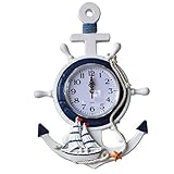 Nautical Wall Clock, Anchor Clock Mediterranean Style Wall Clock Wooden Anchor Wheel Clock Decorative for Hanging Decoration Ornament