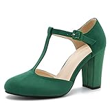 Women's T-Strap Block Chunky Heel Mary Jane Pumps Cut Out Wedding Dress Shoes, Suede Green, 6 UK