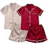 Button Up Pyjamas For Women Plus Size - Womens Silk Satin Pyjamas Set Short - Pyjama Bottoms 2 Pack Loungewear Sets Uk Plus Size Sleepwear Short Sleeve Nightwear Shorts Loungewear Set
