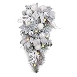 Valery Madelyn 24Inch Pre Lit Christmas Teardrop with 15 Led Lights, Christmas Swag Decorations with Silver Baubles Ornaments for Front Door, Staircase, Porch, Outdoor, Window EG0207-0037