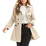 poonyfesh Women's Waterproof Trench Coat Double-Breasted Classic Lapel Petite Overcoat Belted Slim Outerwear Coat, Khaki, S