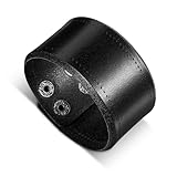 Telooco 4cm Wide Leather Bracelet for Men Adjustable Punk Wristband with Metal Snap Gothic Wrap Wrist Cuff Simple Retro Black Bracelet Personalised Mens Bracelets Gift for Boys Men Father