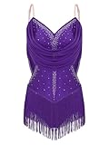 Miutii Womens Rhinestones Salsa Tango Tassel Latin Dance Dress Leotard Glitter Performance Ballroom Costume Purple S