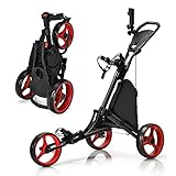 GYMAX 3/4 Wheels Golf Push Pull Cart, Lightweight Height Adjustable Golf Trolley with Storage Bag, Foot Brake, Umbrella Holder and Built-in Cooler, Foldable Golf Bag Holder (3 Wheels, Red)