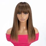 Rebecca Fashion 14 Inch Ombre Blonde Brown Straight Wig with Bangs Human Hair Silky Straight Bang Wig Glueless Minimalist 2.75x1 Lace Scalp Wig for Women Glueless Wear and Go Wigs Brazilian Remy Hair