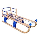 Wooden Sledge with Backrest 110 cm Davos Toboggan, Premium Foldable Children's Sledge Made of Beech Wood (Blue)