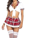 Yishark Lingerie Set Women Sexy Schoolgirl Outfits Bedroom Tartan Mini Skirt Fancy Dress UP Role Play School Uniform Cosplay Costume Naughty Lingerie for Valentines Christmas Halloween with Stockings
