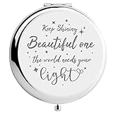 CREATCABIN Beautiful Compact Mirror Keep Shining Stainless Steel Encouraging Personalized Mini Makeup Pocket Travel Engraved Mirrors Silver for Friends Family Graduation Birthday New Year Gifts