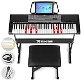 61 Key Electronic Keyboard Piano with Lighted up Keys,LCD,Headphones,X-Stand,Stool,Music Rest,Microphone,Note Stickers,Built-In Speakers,3 Teaching Modes,Ideal for Beginner Adult (Black with Stool)