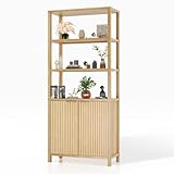 Bonnlo 6-Tier Bookshelf, Bookcase with Doors, Fluted Panel Bookcase with Adjustable Shelf, 78.5 x 35.5 x 180.5 cm, Display Cabinet for Home Office Living Room Study (Oak)