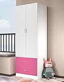 URBNLIVING Modern Kids Large Bedroom Double Wardrobe 2 Doors and 2 Drawers Closet Cupboard Storage Unit (White Carcass + Pink Drawers)