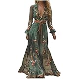 Generisch Dress Party Flowers Long Dress Sexy V-Neck Long Sleeve Autumn Casual Maxi Dress Long Sleeve Dress Women's Winter, Green, XL